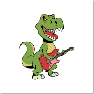 Cartoon TREX plays electric guitar Posters and Art